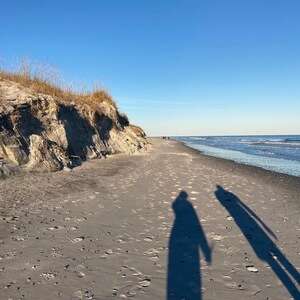 Long figure shadows looking down sore line eroded sand dune to left blue sky and water to right 